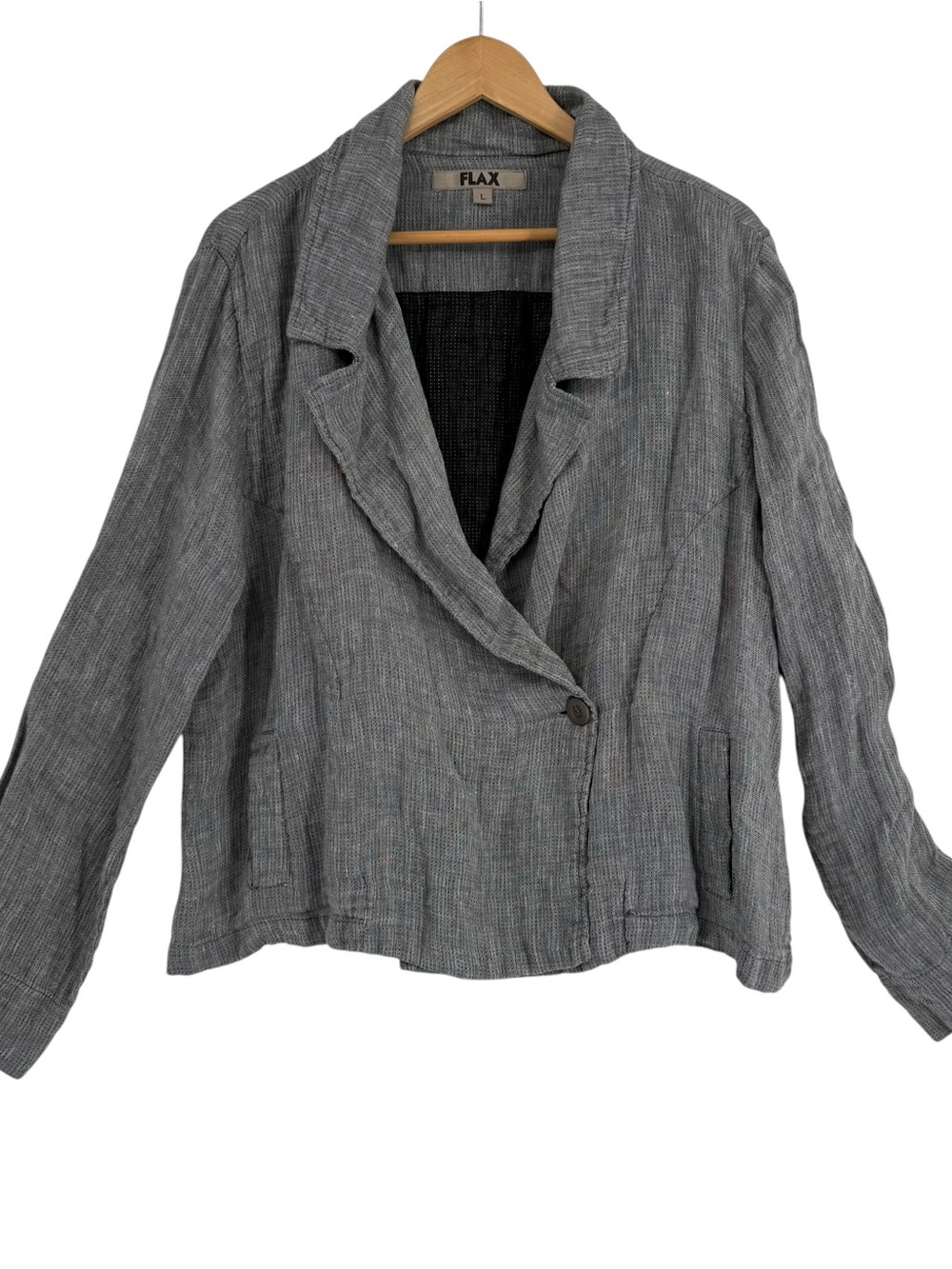 FLAX Linen Size L Blazer Gray Lagenlook Office Button Front Collared Pockets